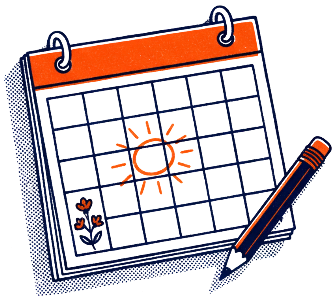 Illustration of a wall calendar with one day circled in orange and a pencil