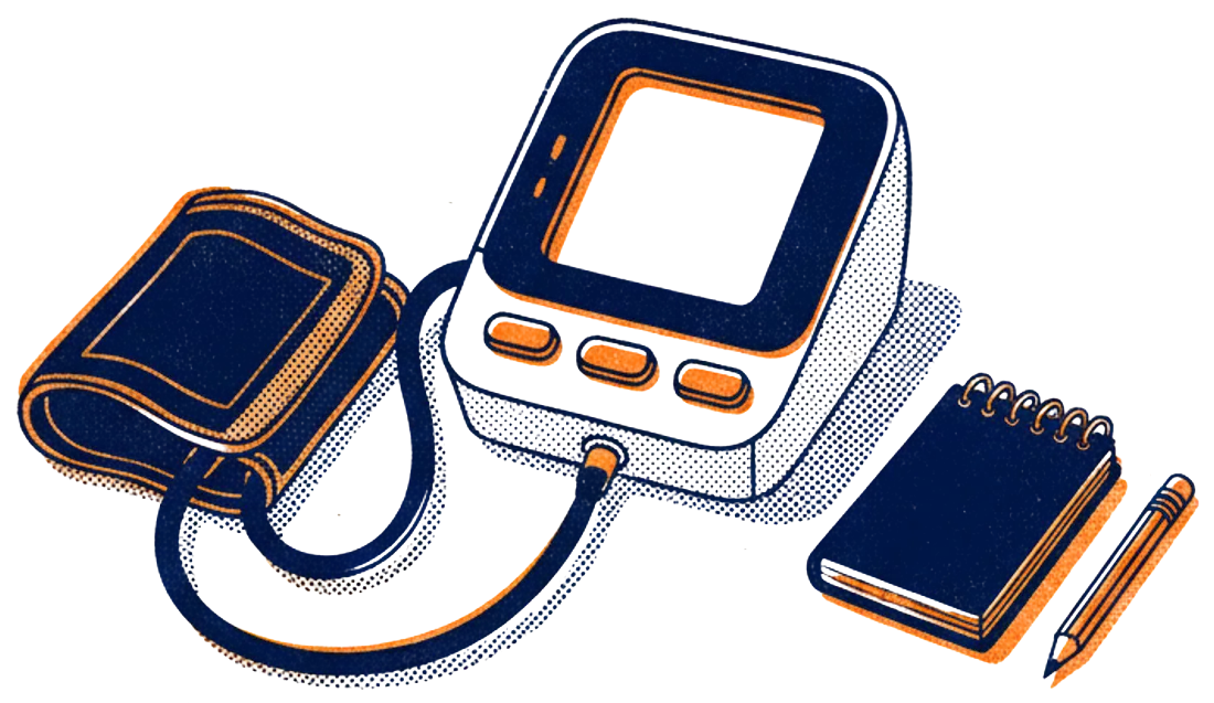 Illustration of a home blood pressure monitor with its cuff, a notebook and a pencil