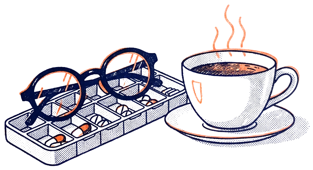 Illustration of reading glasses on a weekly pill organizer beside a cup of tea
