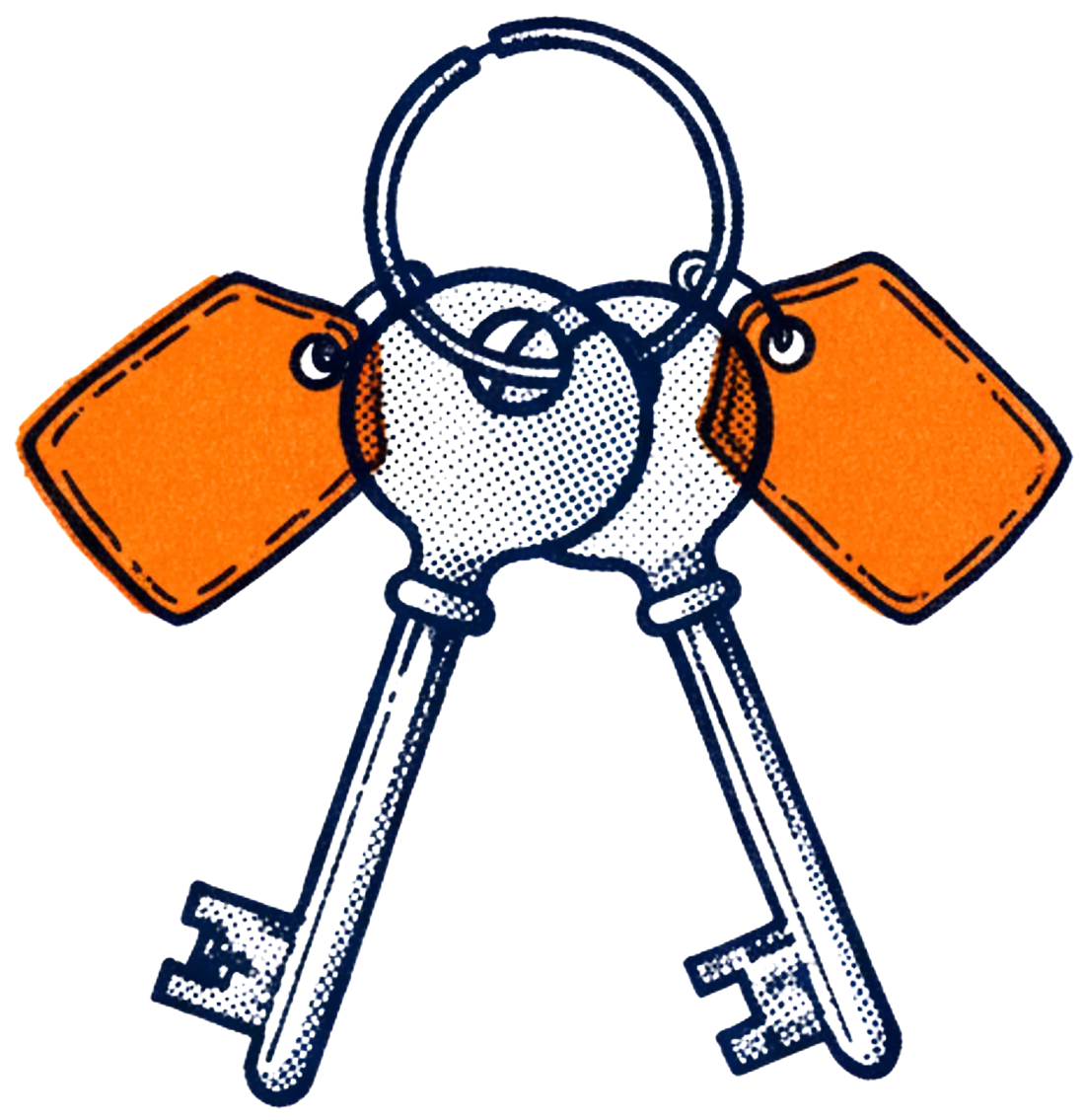 Illustration of two keys on one key ring with orange tags