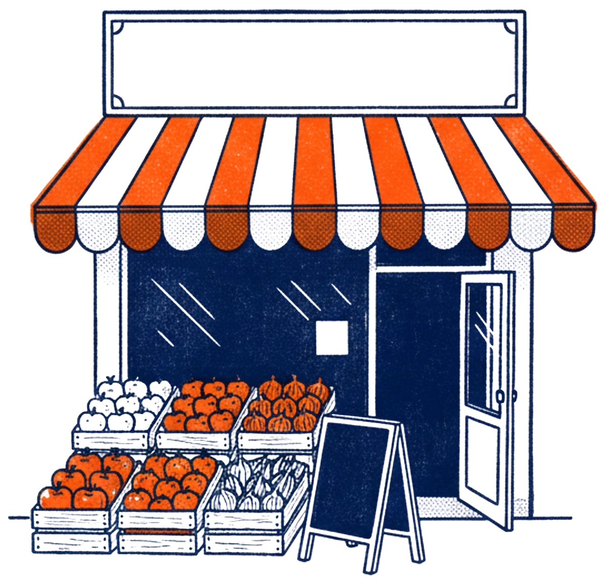 Illustration of a neighborhood market with a striped awning and crates of produce