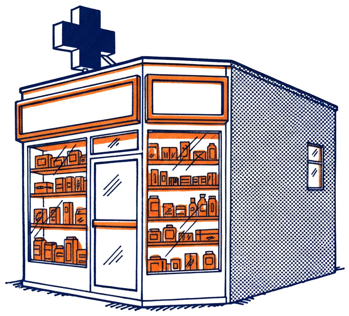 Illustration of a corner pharmacy with a cross on the roof and shelves in the windows