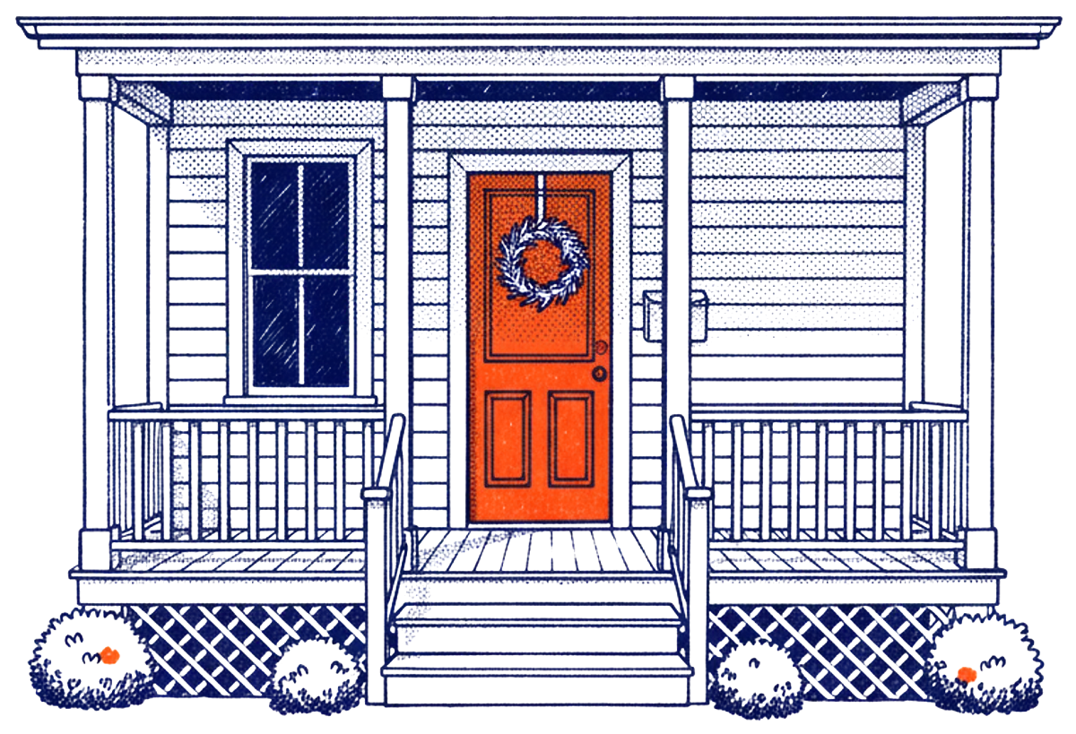 Illustration of a wooden house’s front porch with an orange door and a wreath
