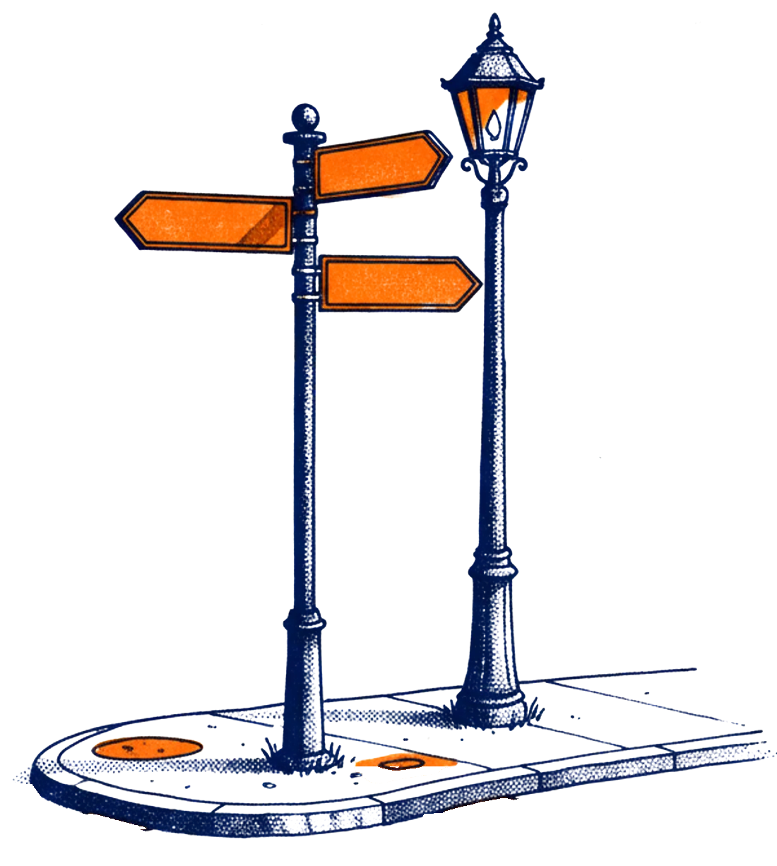 Illustration of a street-corner signpost with three arrows pointing different ways beside a lamp post