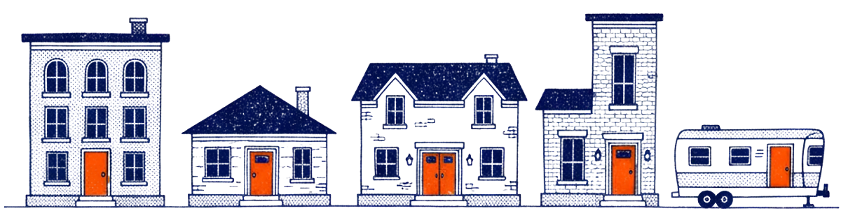 Illustration of one street of five different homes: an apartment building, a bungalow, a duplex, a row house and a mobile home