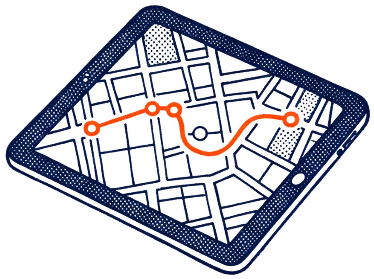 Illustration of a tablet showing a map with one orange route between several points