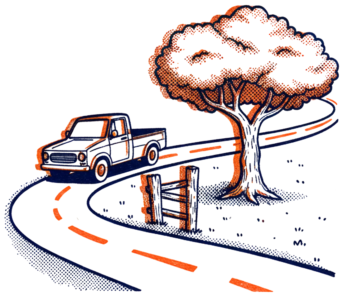 Illustration of a pickup truck on a country road past a fence and a tree
